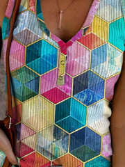  Colorful Geo Print V Neck Button Front Tank Top