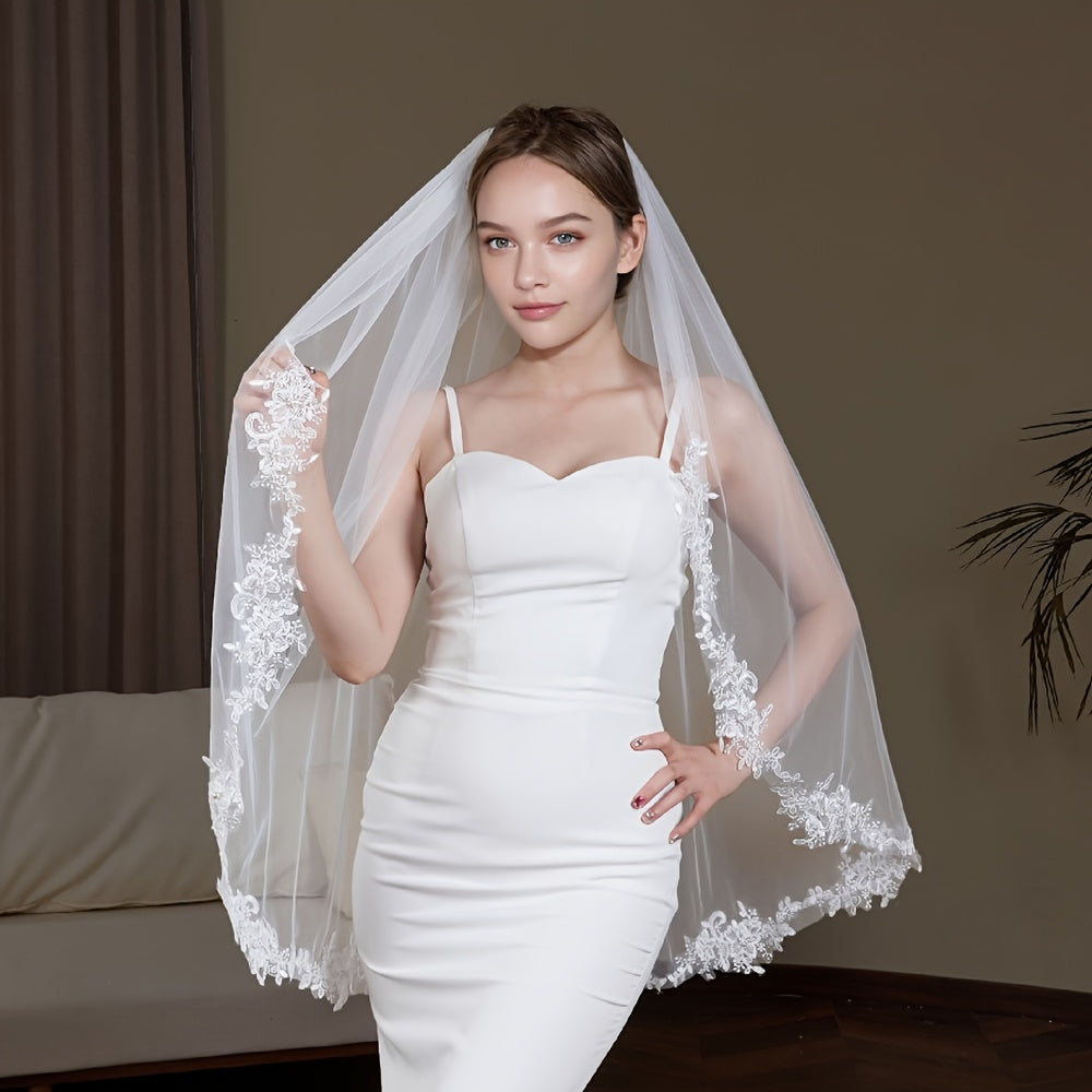 Romantic Bridal Veil with Lace and Faux Pearls