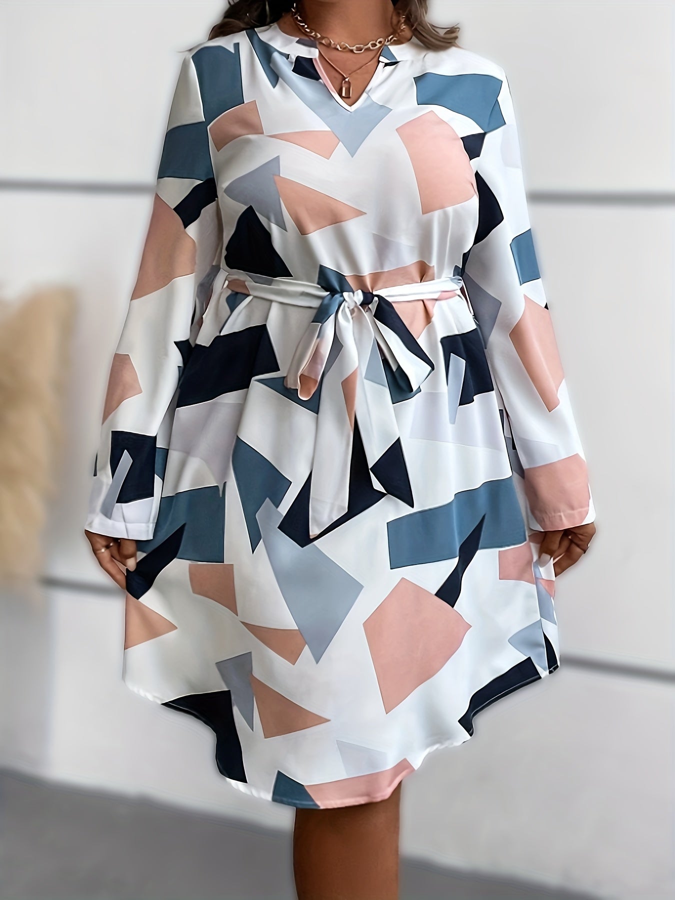 Women's Plus Colorblock Geo Print Long Sleeve Mini Dress