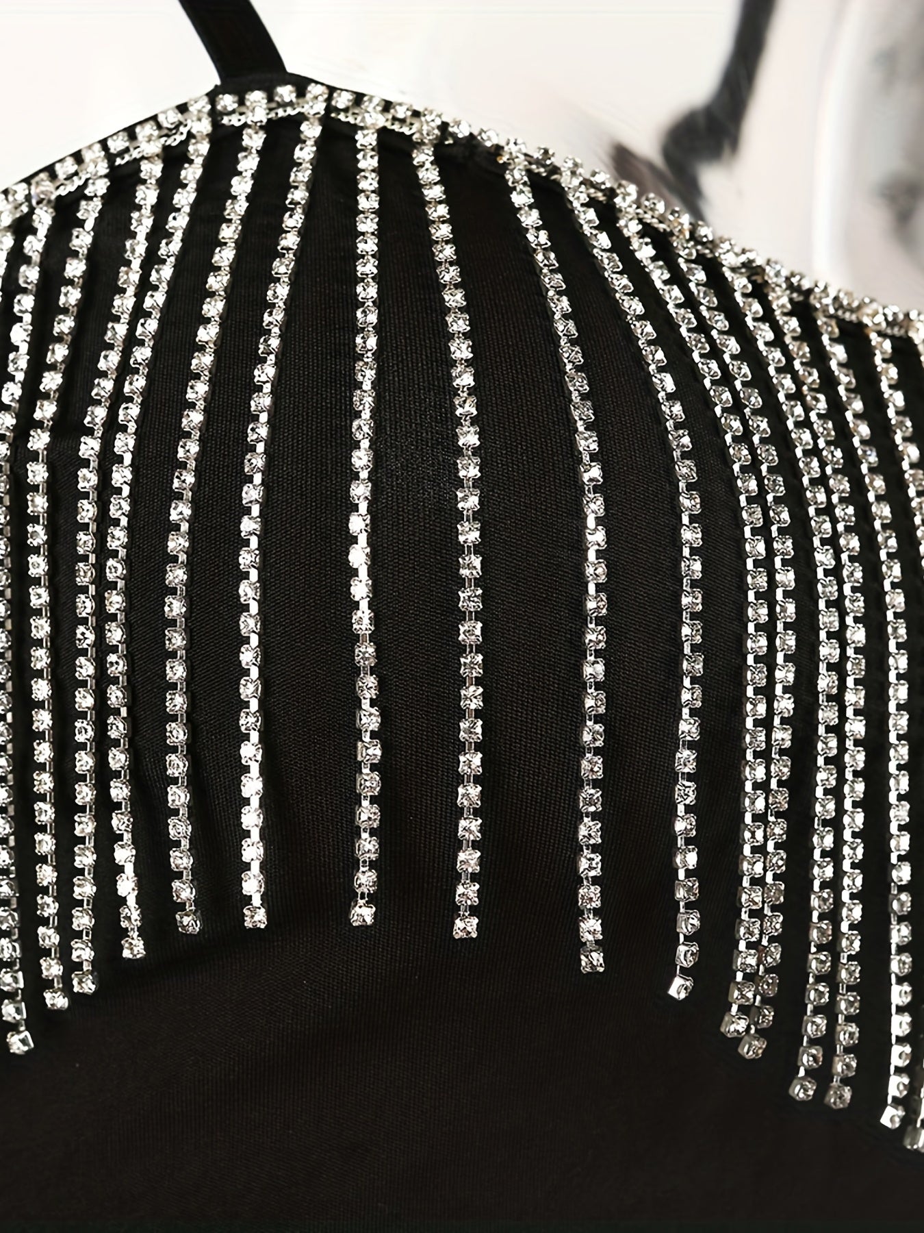 Rhinestone Tassel Crop Top Sexy V Neck Spaghetti Strap Cami