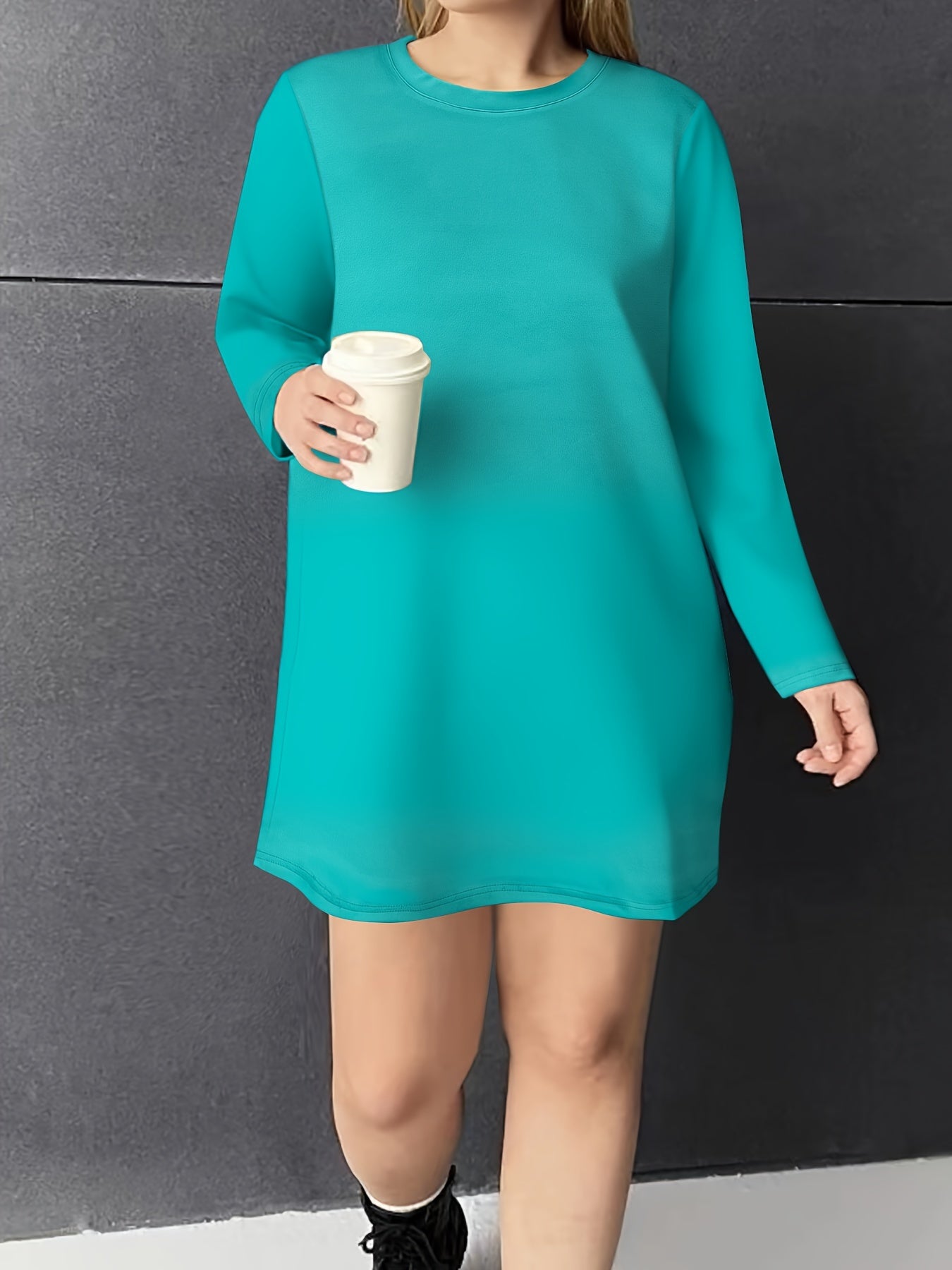  Solid Long Sleeve Round Neck Tee Dress