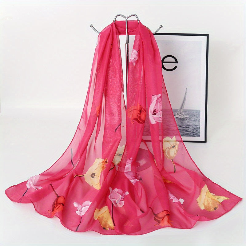 Rose Print Chiffon Scarf Thin Silk Head Wrap Casual Beach Towel