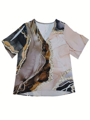  Casual Blouse Women's Plus Chain & Marble Print V Neck