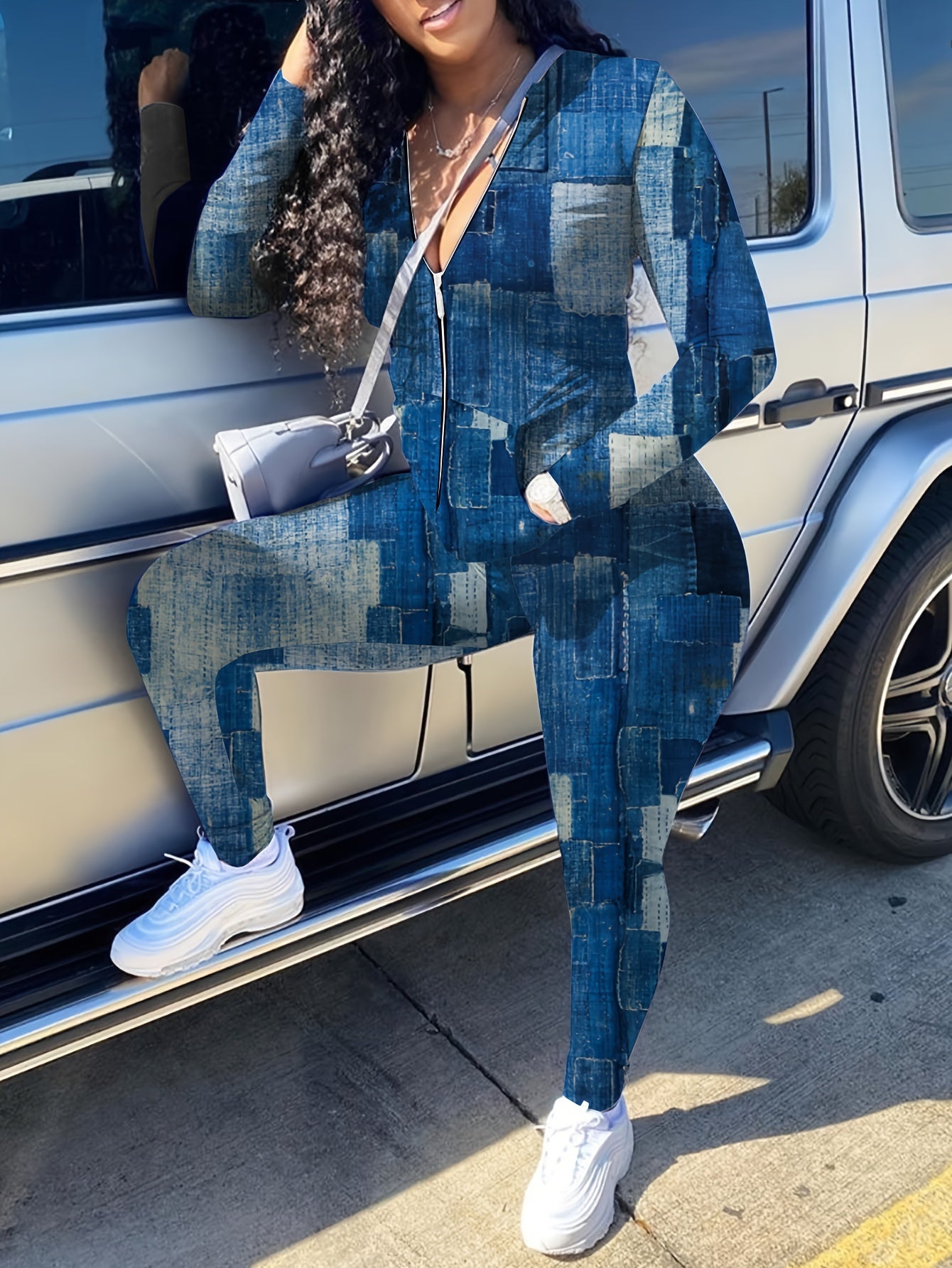  Denim Patchwork Print Jacket & Pants Outfit Set