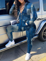  Denim Patchwork Print Jacket & Pants Outfit Set