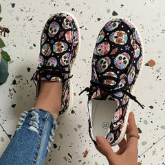 Floral Skull Print Slip-On Canvas Shoes Women Low Top Sneakers