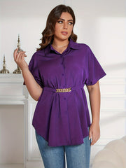  Solid Button Up Batwing Sleeve Tunic Shirt Top