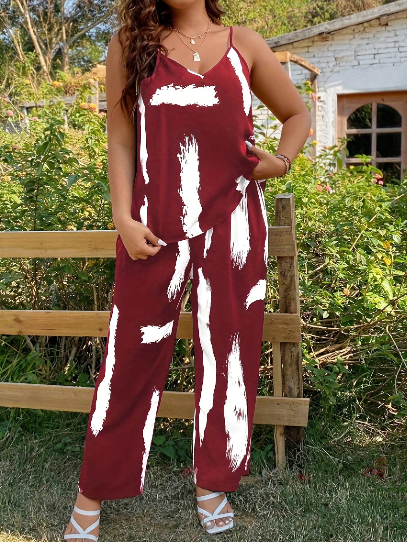  Brush Print V Neck Cami Top & Wide Leg Pants Set