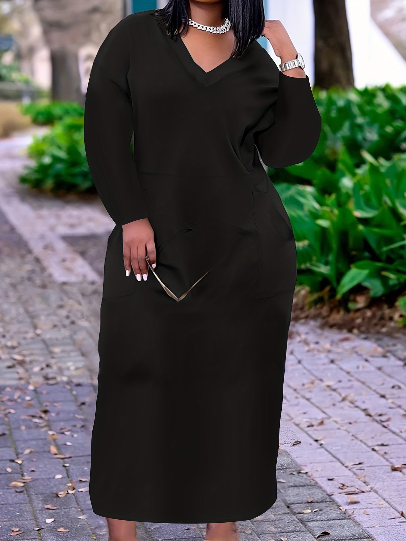  Solid Long Sleeve V Neck Maxi Dress