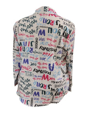  Allover Letter Print Button Up Long Sleeve Blouse