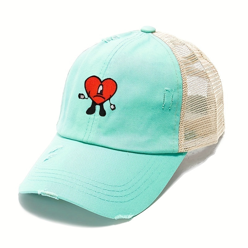 Heart Ripped Ponytail Baseball Cap Candy Washed Distressed Mesh Trucker Hat