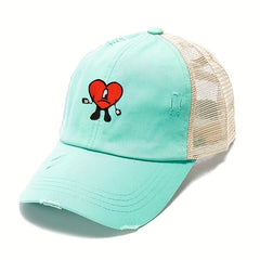 Heart Ripped Ponytail Baseball Cap Candy Washed Distressed Mesh Trucker Hat