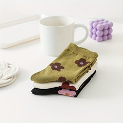3 Pairs Floral Print Socks Comfy & Breathable Women's Mid Tube Stockings