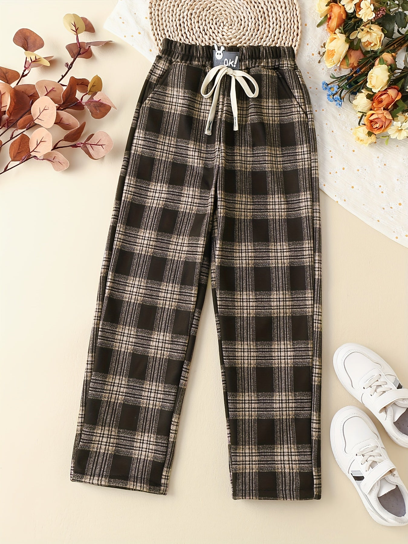 Girls' Fleece Plaid Drawstring Pants For Outwear Kids