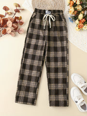 Girls' Fleece Plaid Drawstring Pants For Outwear Kids