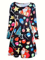  Women's Santa Claus Print Long Sleeve Maxi Dress