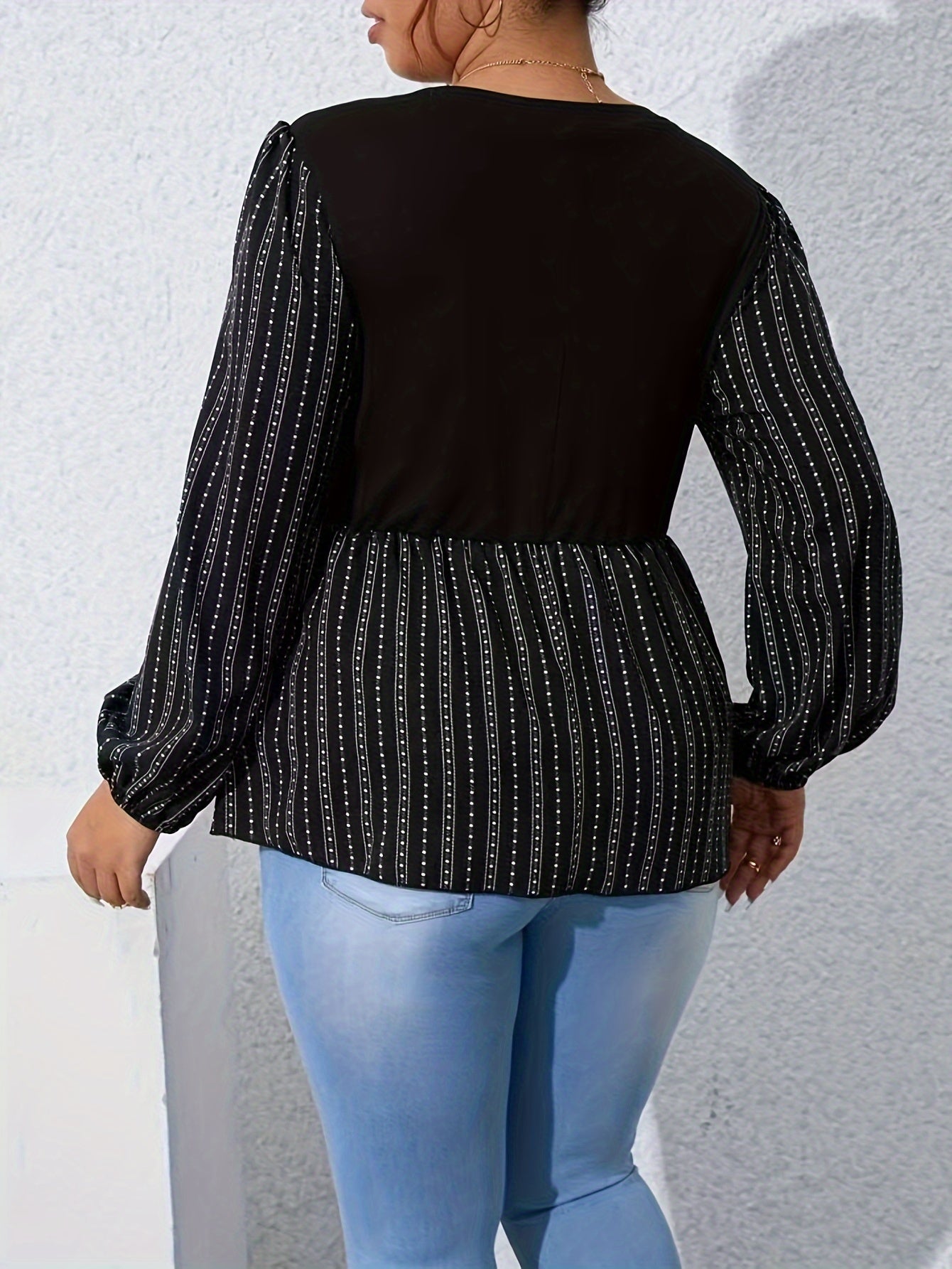  Colorblock Stripe & Dot Print Lantern Sleeve Peplum Shirt