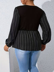  Colorblock Stripe & Dot Print Lantern Sleeve Peplum Shirt