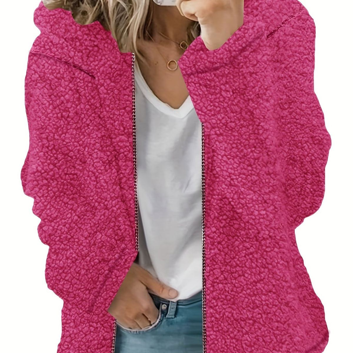 Zip Front Hoodie Plush Coat Solid Long Sleeve Outwear Women's Clothing