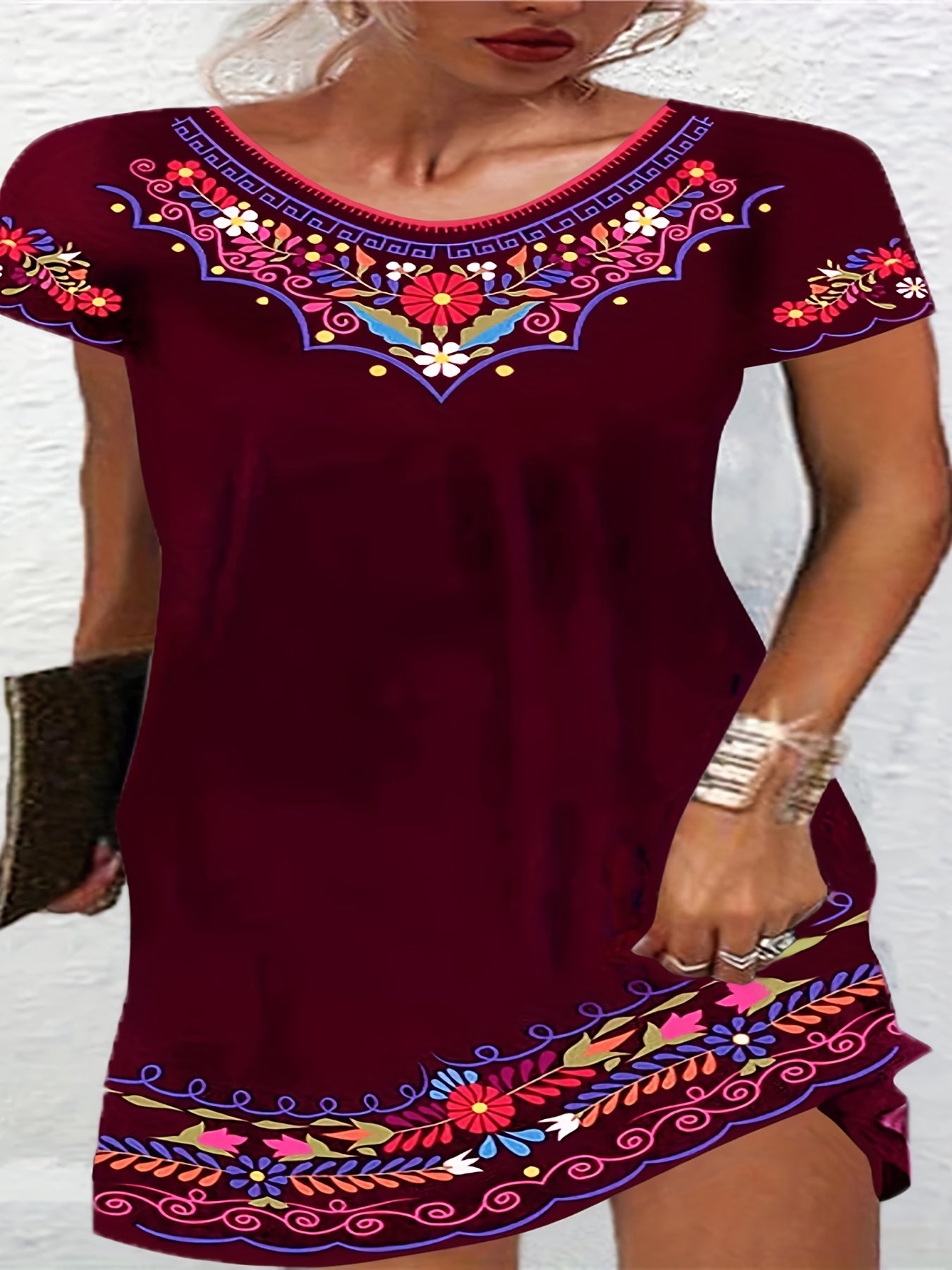  Boho Dress Women's Plus Floral Print Short Sleeve Dress