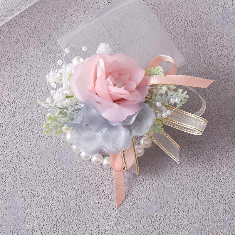 Faux Pearl Bracelet Wedding Corsage Fabric Hand Flowers