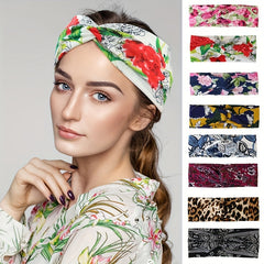 Floral Pattern Headband Elastic Boho Hair Band Cross Knotted Hair Accessories