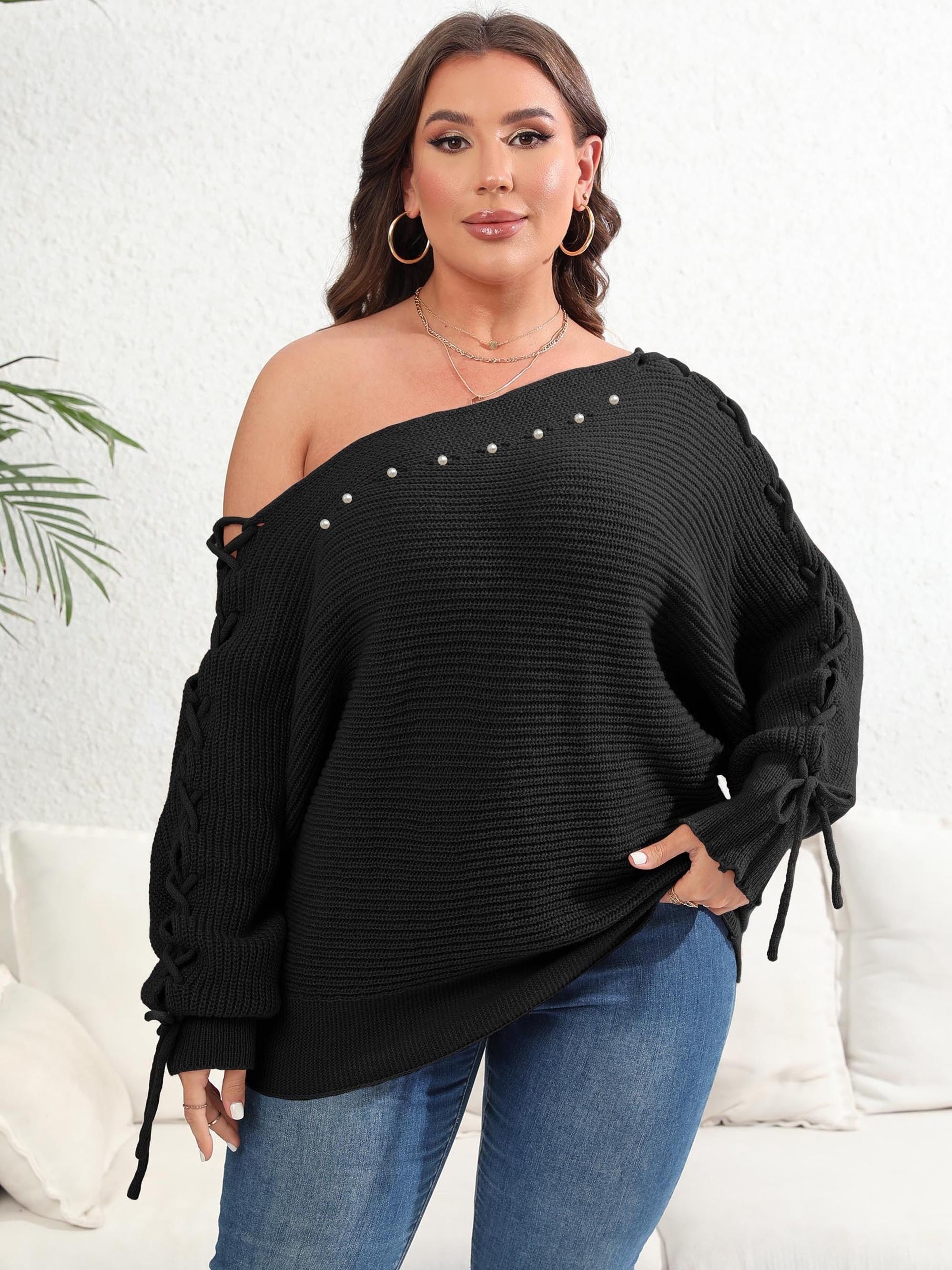  Sexy Sweater Women's Plus Faux Pearl Decor One Shoulder