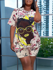  Cartoon Print Round Neck Top & Shorts Set