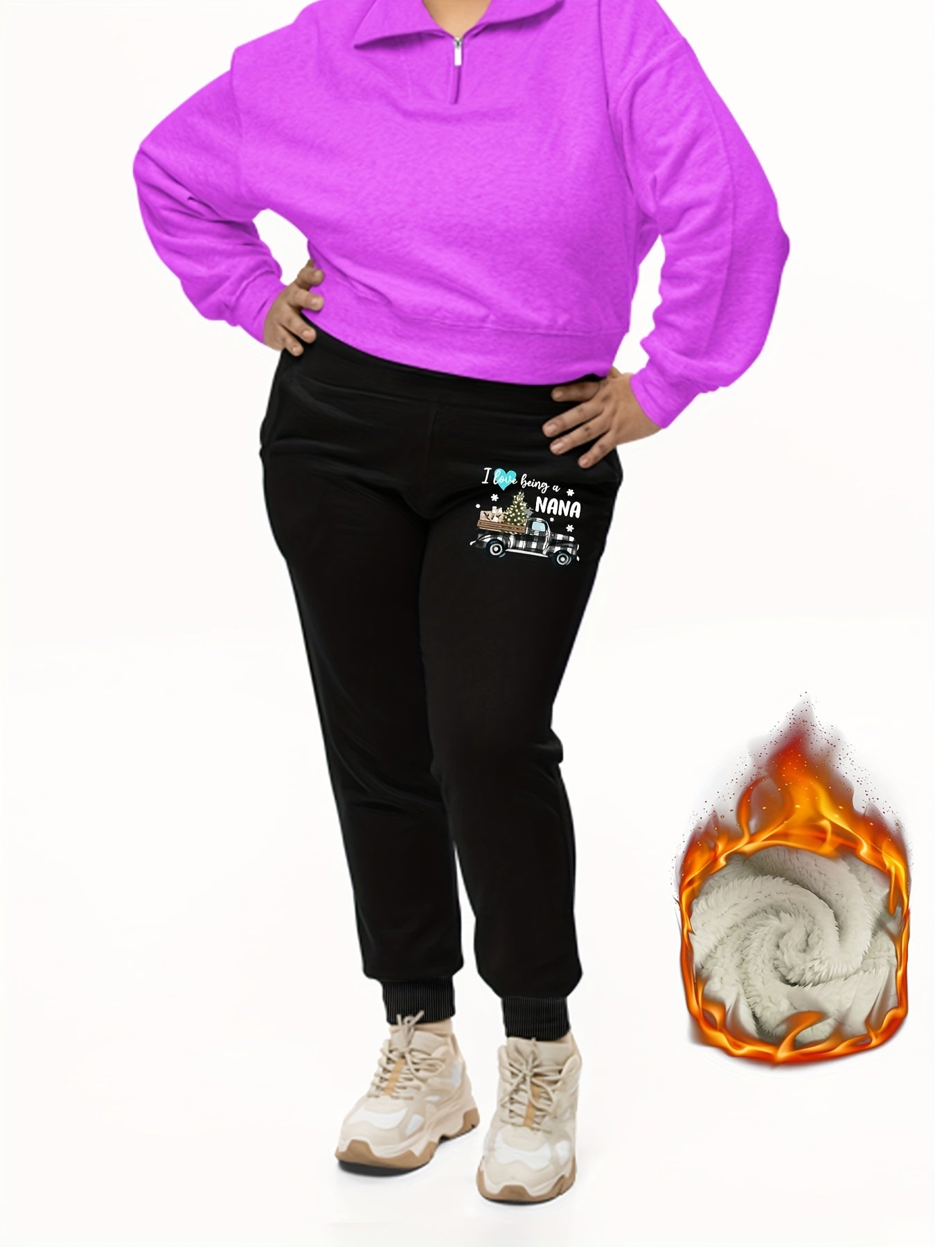 Women's Plus Plaid Car & Tree Print Fleece Lined Joggers