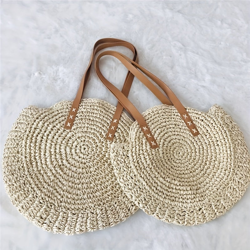 Boho Round Straw Shoulder Bag for Women