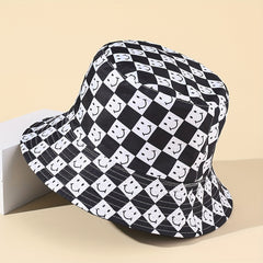 Mens Checkerboard Happy Face Polyester Bucket Hat