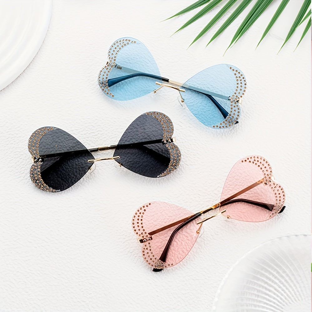 Y2K Rhinestone Heart Sunglasses Glitter Rimless UV400 Sun Shades