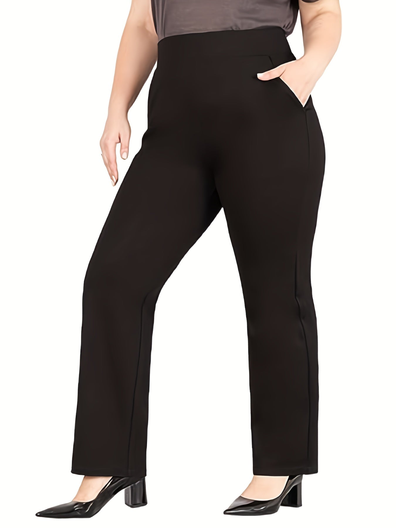  Solid High Rise Stretch Workwear Pants With Pockets