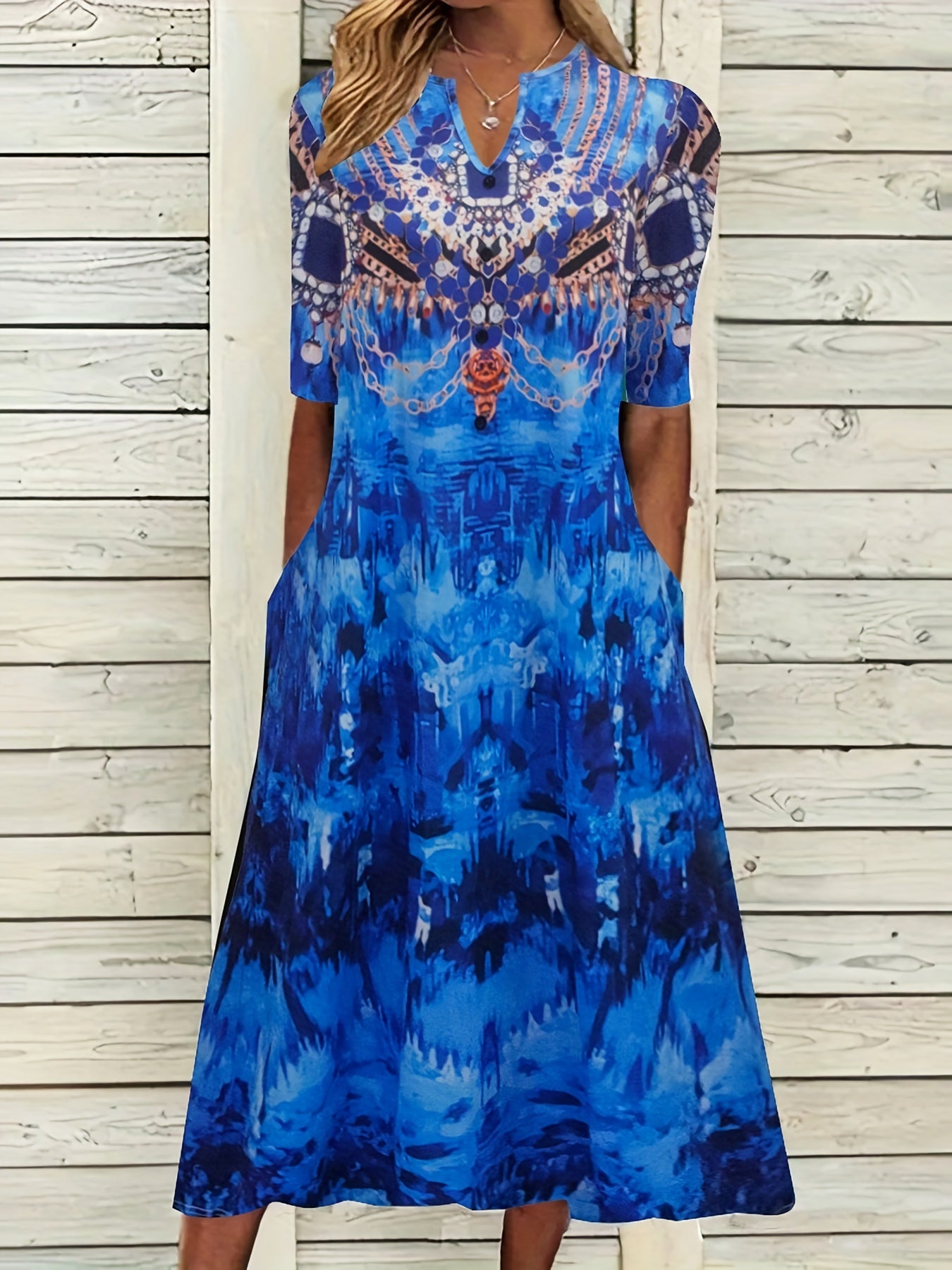  Boho Graphic Print Short Sleeve Stretch Dress