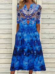 Boho Graphic Print Short Sleeve Stretch Dress