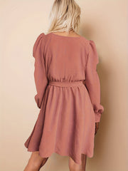 Women's Plus Solid Lantern Sleeve Mini Dress With Belt