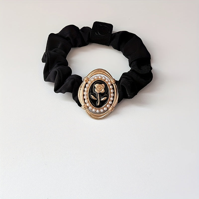 Rose Pattern Faux Pearl Decor Hair Tie Elastic Scrunchie