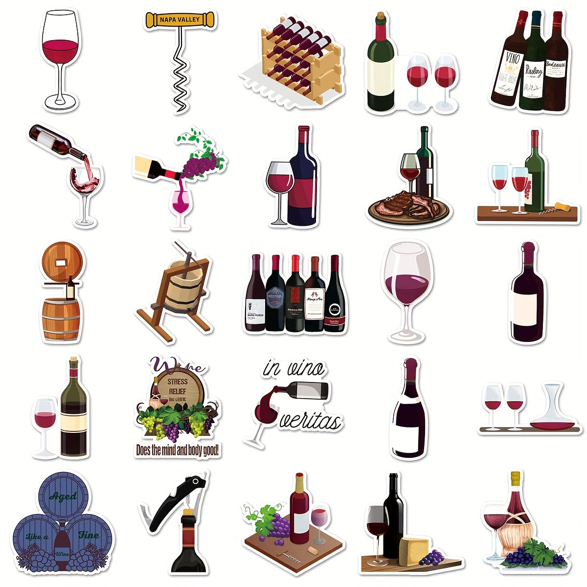50pcs Red Wine Cartoon Stickers for DIY Journal, Luggage, Car Decor