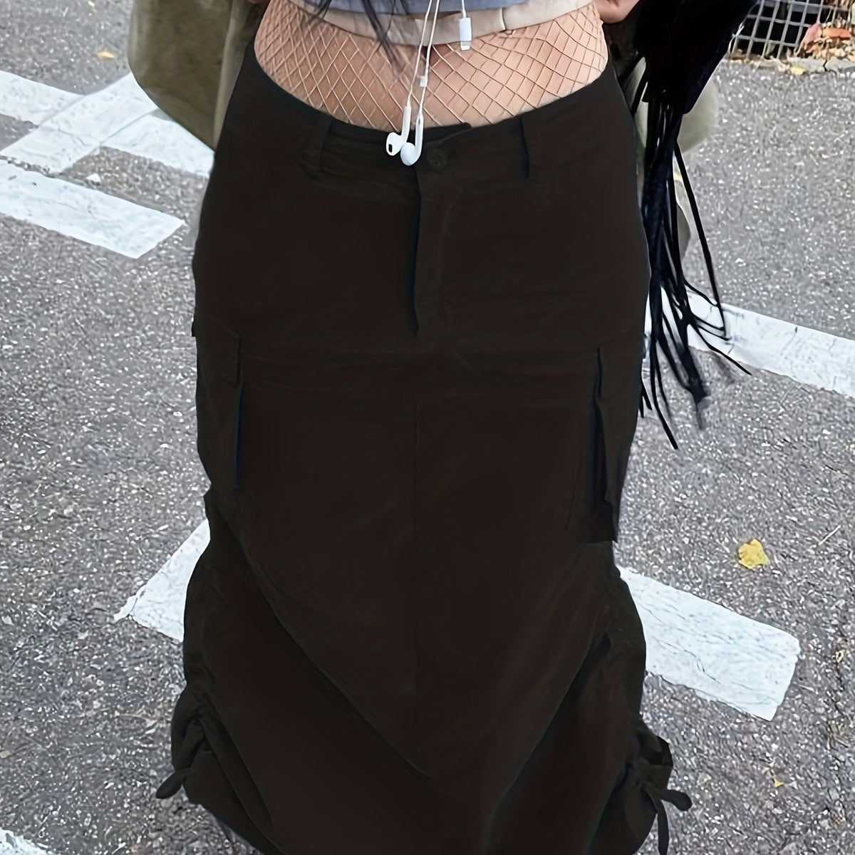  Solid Drawstring Cargo Skirt