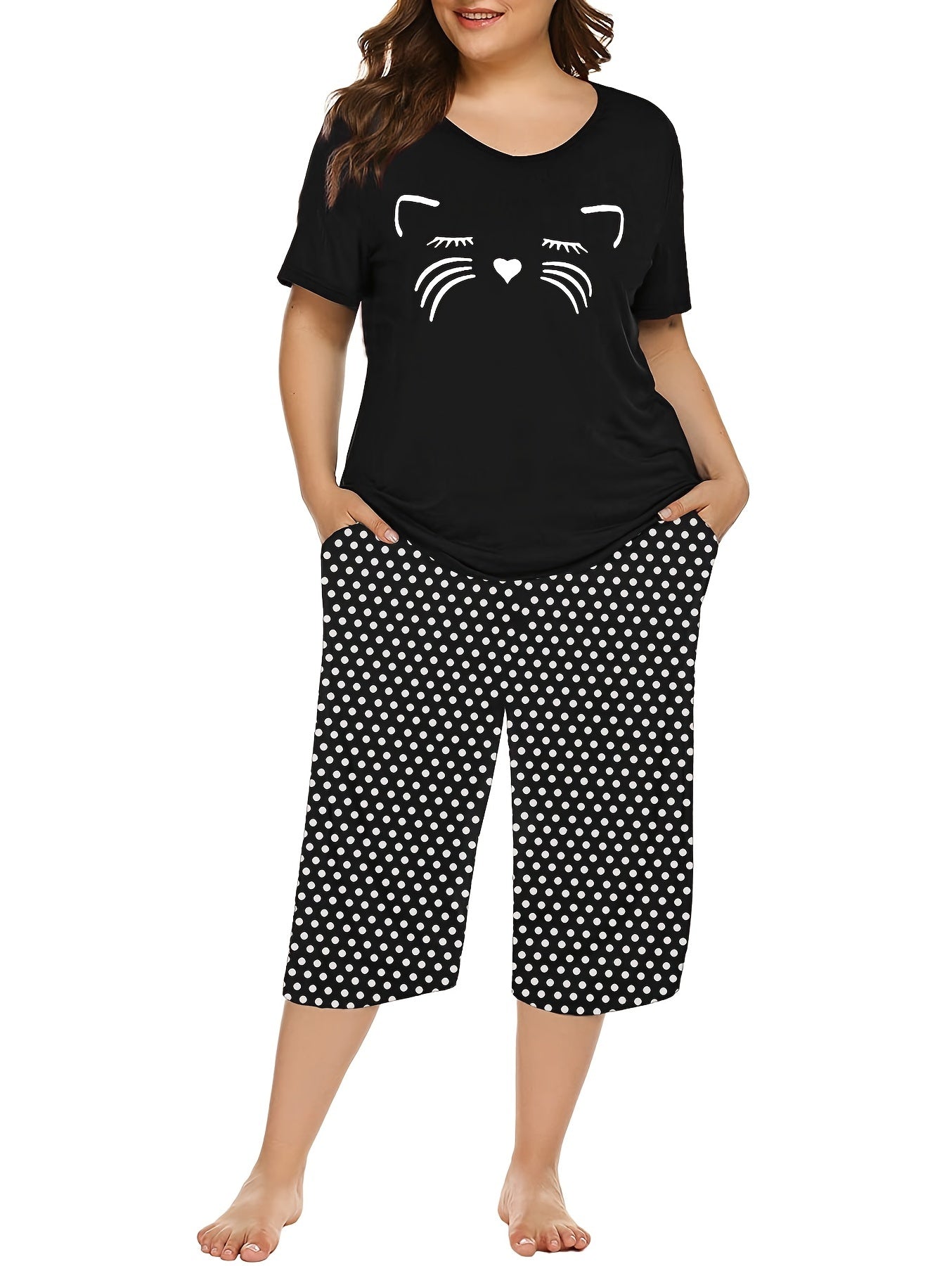  Kitten Print Pajamas Set Soft Short Sleeve T shirt & Shorts 2pcs Set