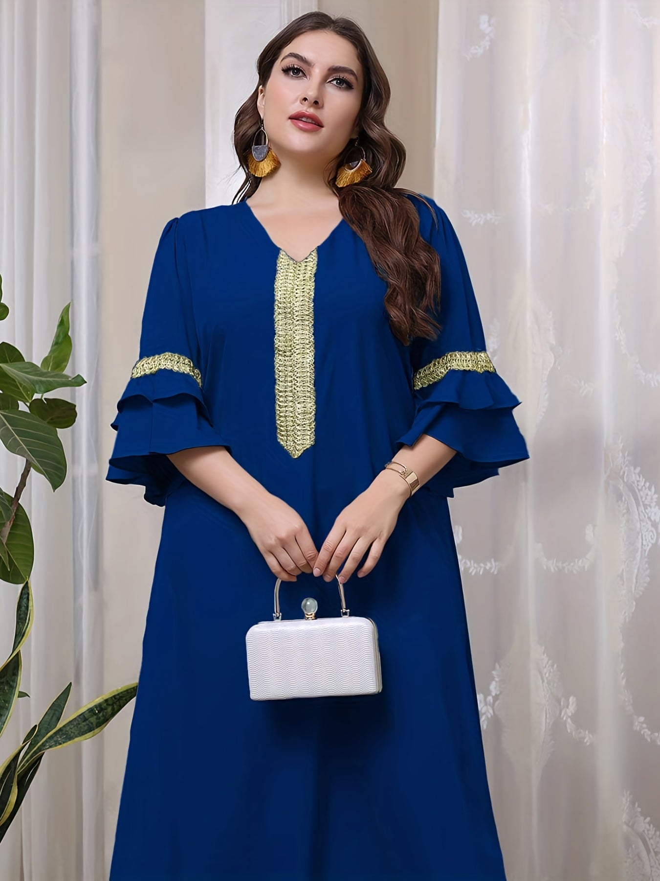  Sequin Decor Layered Sleeve V Neck Maxi Dress
