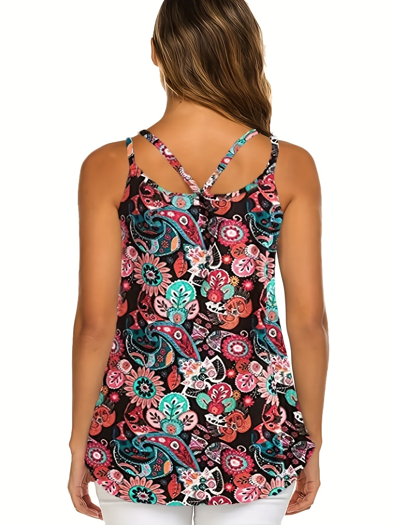  Boho Cami Top Women's Plus Paisley Print Split Strap Cut Out Cami Top