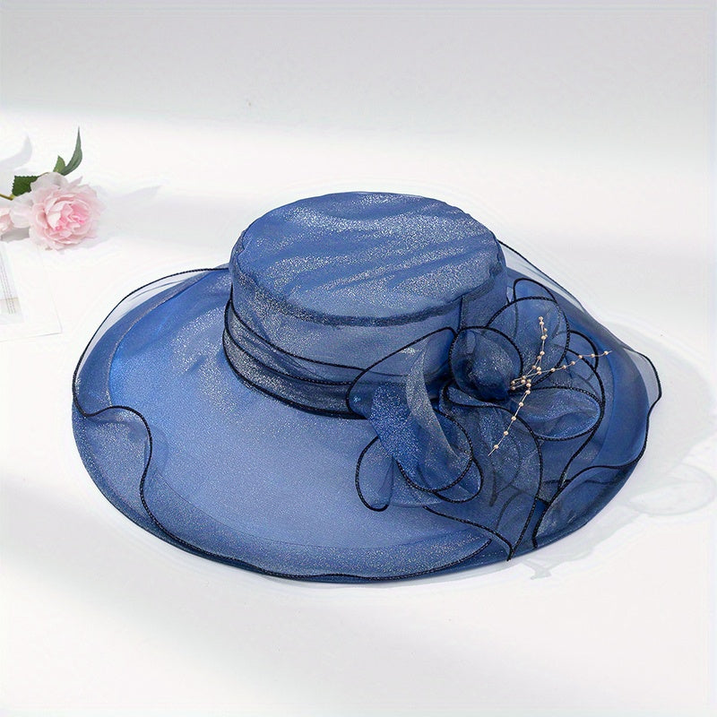 Organza Breathable Derby Hat Mesh Lace Flower Sun Hat Solid Church Hat