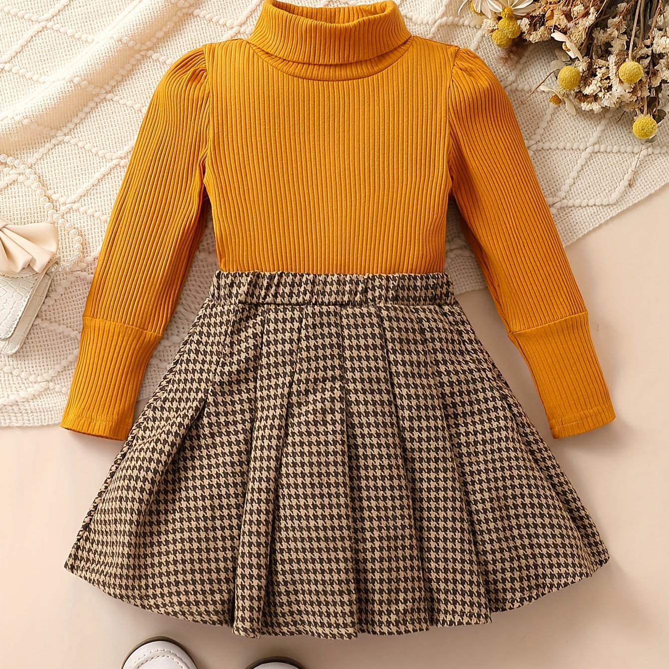 Girl's Preppy Style Turtleneck Top & Houndstooth Skirt Set