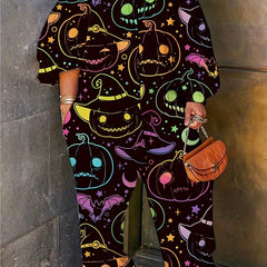  Halloween Jumpsuit Witch Pumpkin Print Off Shoulder Wide Leg Jumpsuit