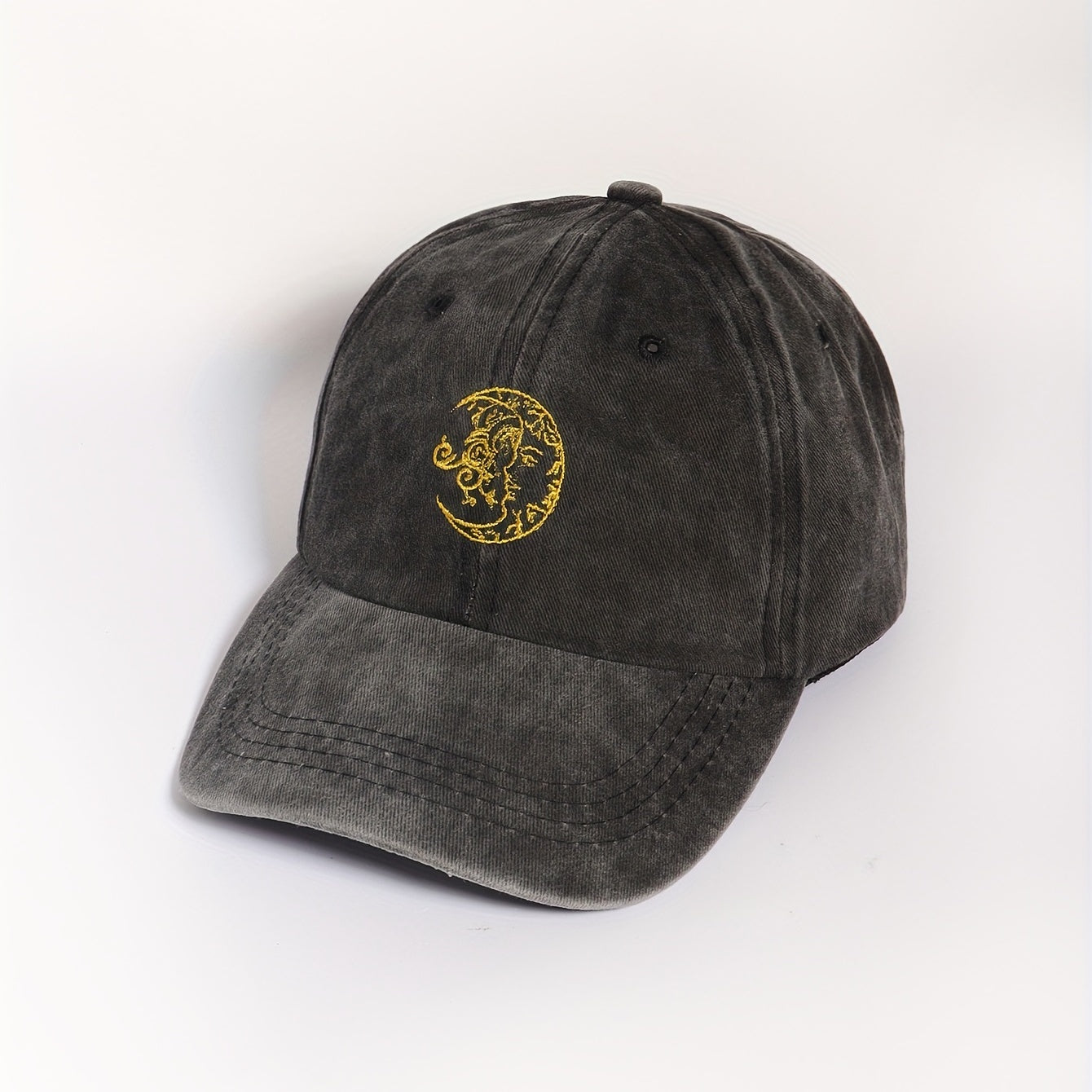Vintage Moon Embroidery Baseball Cap Unisex Washed Gray Dad Hat