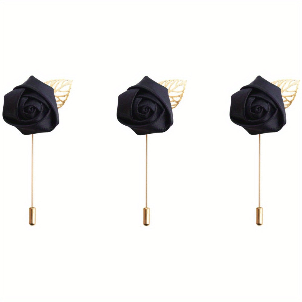 HAOSHICS 3Pcs Artificial Rose Flower Pins For Men Groom Suit Lapel
