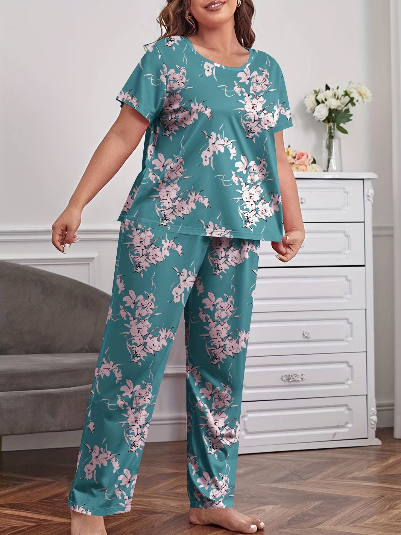  Floral Print Pajama Set Short Sleeve Tee & Pants Loungewear