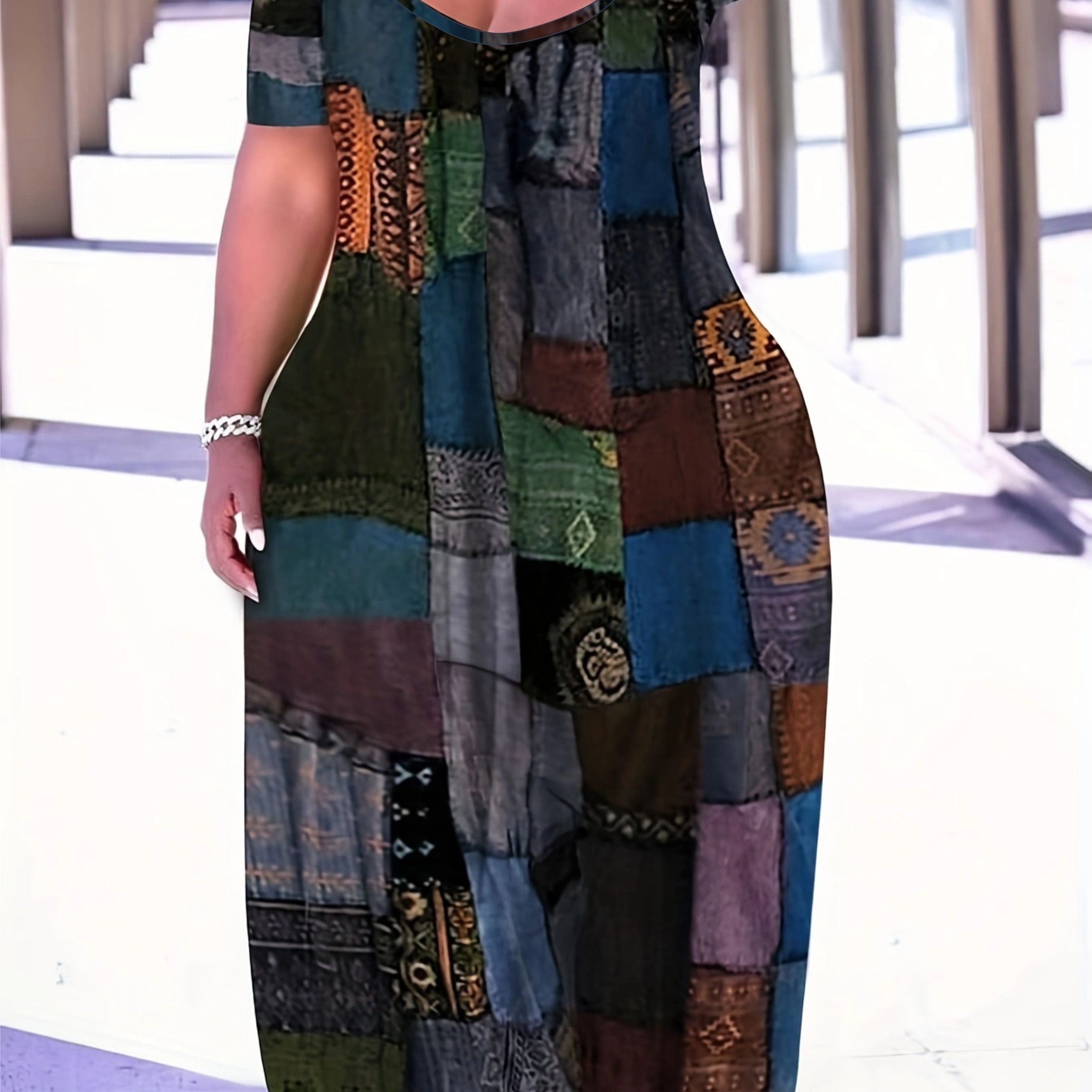  Colorblock Print Short Sleeve Dress