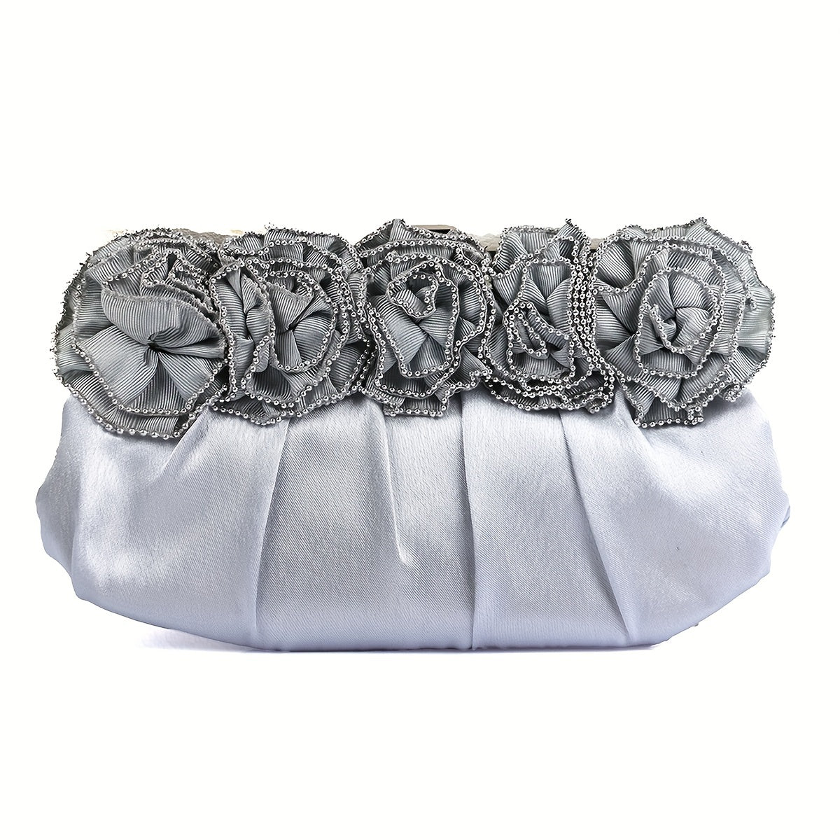 Pleated Flower Kiss Lock Metal Chain Clutch Elegant Textured Frame Purse